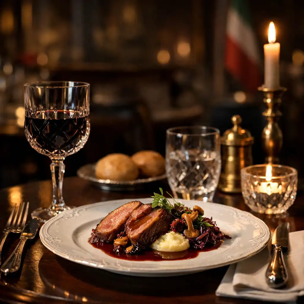 Balatovia fine dining fogás elegáns tálalásban, aranyló fényekkel