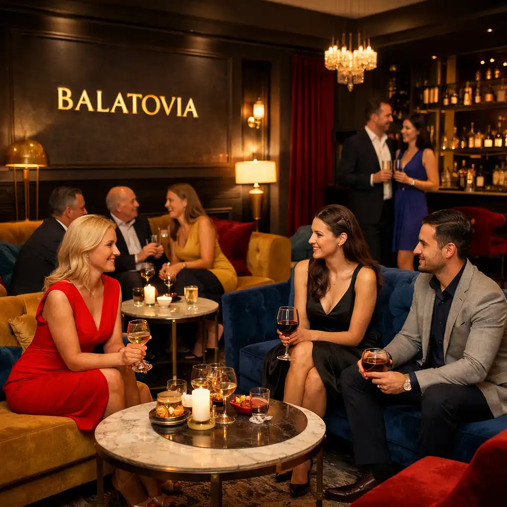 Balatovia lounge tér társasági esemény közben, hangulatos fényekkel