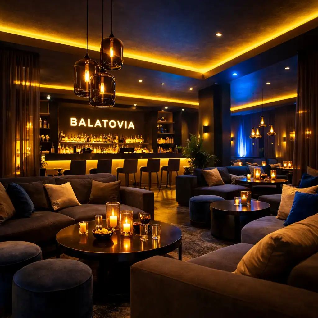 Hangulatos lounge terem puha fényekkel és kényelmes ülőhelyekkel a Balatoviában