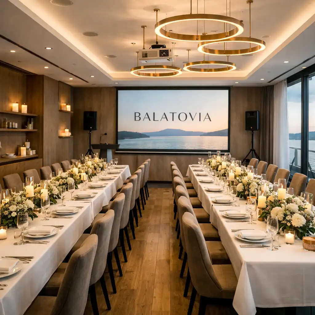 Balatovia rendezvényhelyszín elegáns megterített asztalokkal és hangulatos fényekkel
